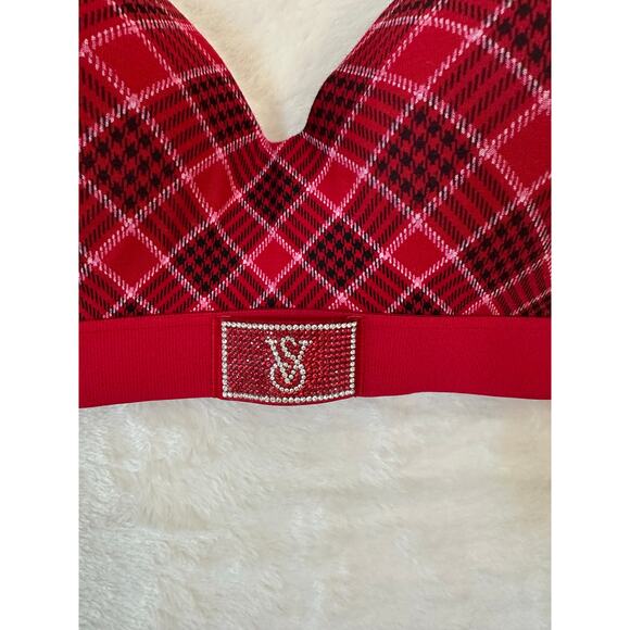 Victoria's Secret Red Plaid Shine Patch Demi Bra 38D Rhinestone Logo - Picture 2 of 7